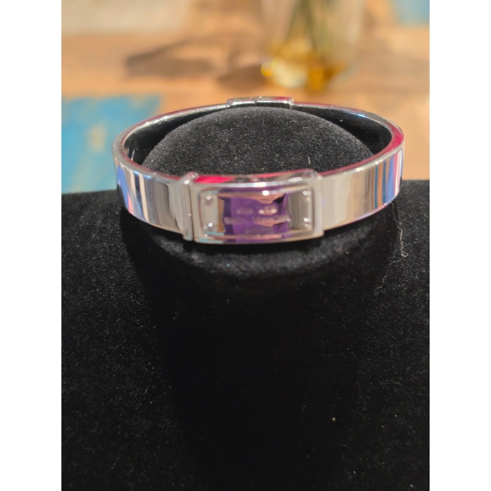 Michael Kors Silver Tone Logo Plaque Hinge Bangle Bracelet Est 1981 Cuff